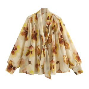 Camicie da Donna Autunno 2026 <span class=keywords><strong>con</strong></span> Stampa Floreale Gialla e Maniche a Sbuffo, Moda Vintage <span class=keywords><strong>con</strong></span> Pieghe, Camicette Casual Larghe - Product Image 1