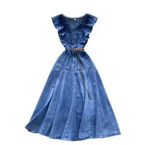 Vestido Midi Casual Vintage de Mezclilla con Cuello en V, Corte A y Diseño Slim para Mujer, Estilo Empire con Patchwork - Product Image 5