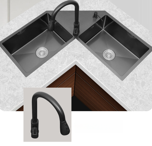 Lavello da Cucina Angolare a L, Grande Vasca Doppia Sottopiano in Acciaio Inox 304 per Layout Cucina <span class=keywords><strong>Salvaspazio</strong></span> - Product Image 4