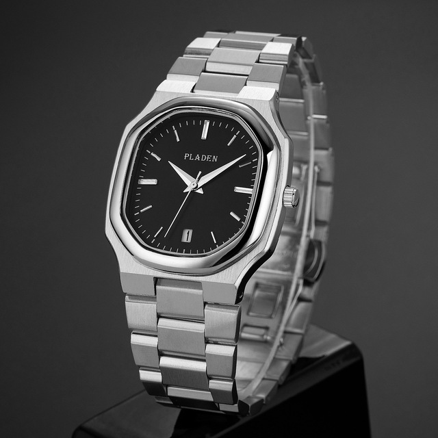 PLADEN Square High-End Men's Watch Genuine Brand Fashionable Trendy Stainless Steel Business Watch Quartz Movement Waterproof