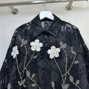 Nueva Blusa de Gasa para Mujer, de Manga Larga, con Incrustaciones de Diamantes, Bordado Tridimensional de Flores, Estilo Moderno - Product Image 4