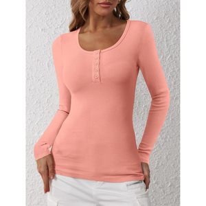 Camiseta Henley de manga larga para mujer, de punto acanalado, ajustada, informal, para otoño - Product Image 5