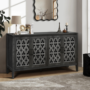 Hollow Four Door Cabinet Antique Black American Country Style Living Room TV Kitchen <b>Storage</b> Cabinet - Product Image 3