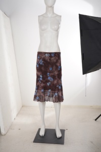 Falda midi de malla floral marrón para mujer, transparente, de cintura alta, ajustada, con volantes, elegante, estampado vintage, línea A, falda de verano - Product Image 6