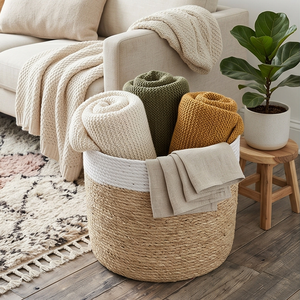 Two-Tone Woven Seagrass Storage <b>Basket</b>, <b>Round</b> Natural and White <b>Wicker</b> Indoor Planter Pot Cover for Home Decor - Product Image 5