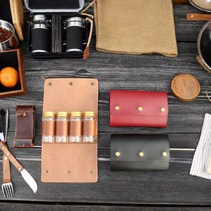 Sac à condiments en cuir PU pour barbecue en plein air, kit de 4 pots à épices, organiseur de rangement, pochette pour le camping, cadeaux de bienvenue - Product Image 4