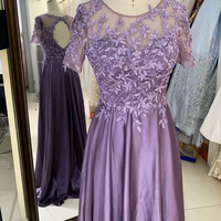 Robe de Soirée Courte Élégante Lavande à Manches Courtes, Broderie Dentelle, Dos Découpé Perlé, en Satin Coupe A-Line, Robe de Bal 2027, Vente en Gros Fournisseur