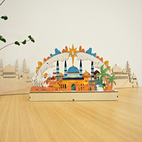 Ornement en bois 3D pour le Ramadan, scène de mosquée peinte, décoration de table Eid Mubarak, décoration de fête islamique musulmane Ramadan Kareem pour la maison