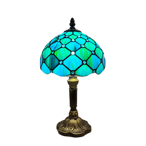 Lampe de table vintage style Tiffany, abat-jour en mosaïque bleue de 8 pouces, petite lampe de lecture rétro, lampe de bureau pour salon, hôtel - Product Image 5