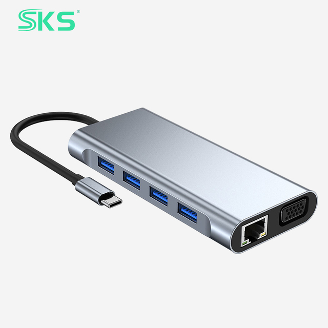 10 in 1 USB C Hub Aluminum Case RJ45 Ethernet VGA Ports 4 USB 3.0 Fast Charging Laptop Tablet Expansion Dock for Printer IOS