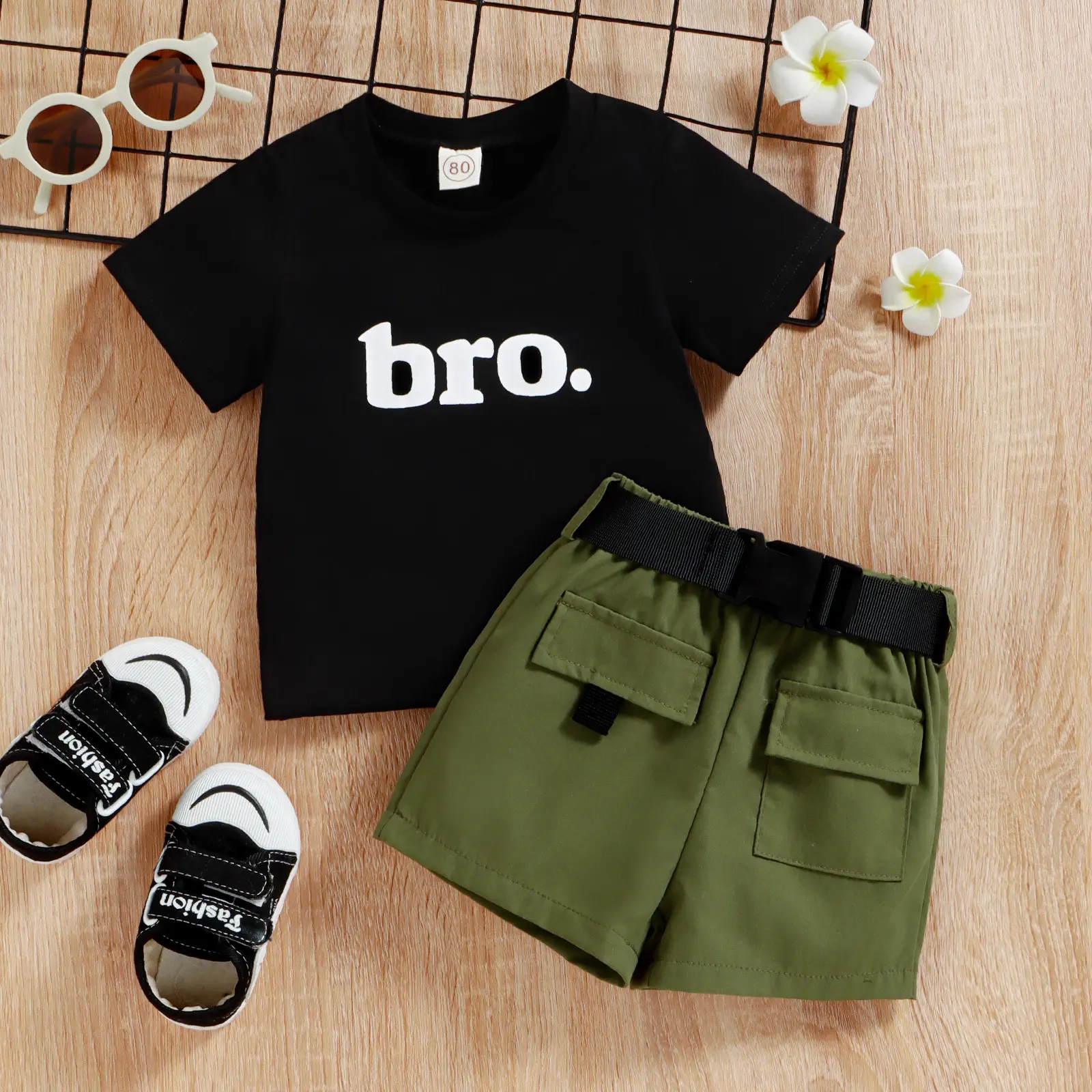 2023 Boys Clothing Sets Toddler Cool Short Sleeve Letter Shirt Short Belt Outfits Fashion Summer Baby Clothing Sets For Boys