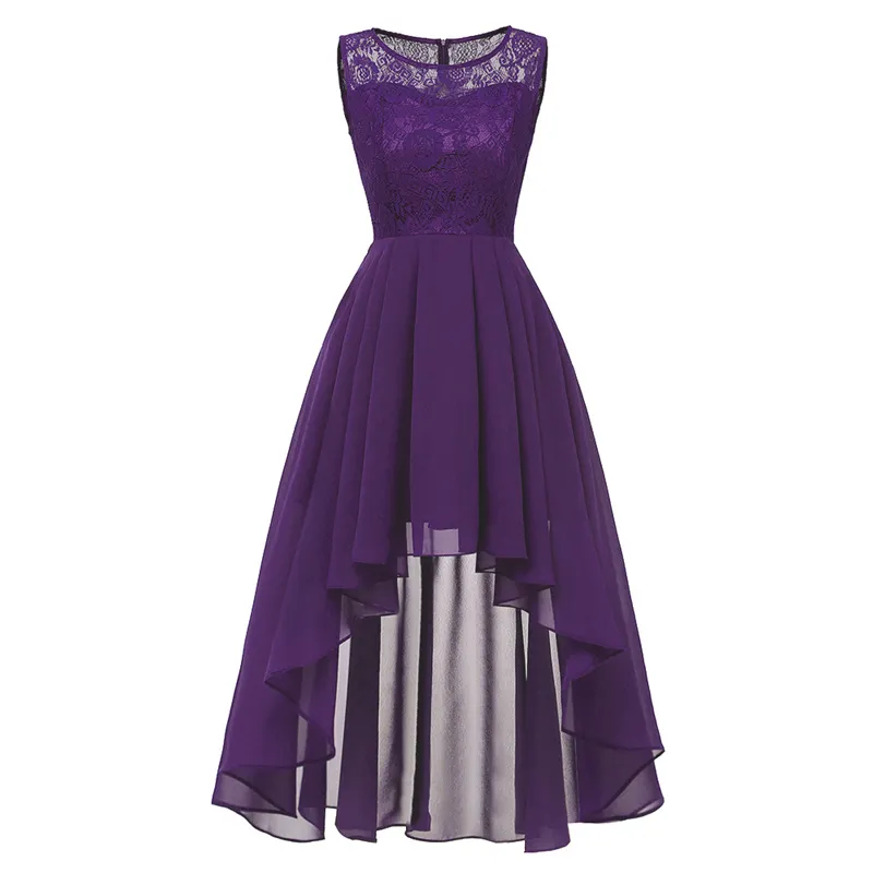 Wholesale Elegant Lace Purple Lady Prom Gowns Chiffon Sleeveless Evening Dress