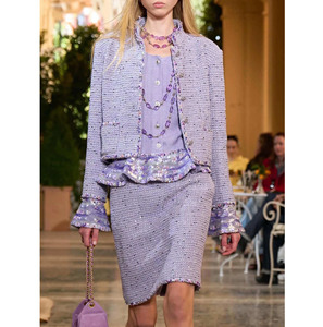 Conjunto de Traje de Tweed Elegante para Mujer, Bordado con Lentejuelas, Cristales y Perlas, Estilo Floral, Chaqueta de Tweed Lila con Lentejuelas de Algodón - Product Image 1