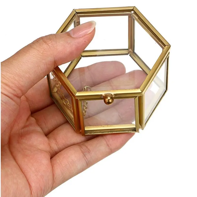 Hexagon Gouden Glazen Doos Aandenken Doos Voor Opbergring Oorbel Trinket, Sieraden Organizer En Decoratieve Doos Cadeau