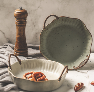 Household Retro Stoneware Double Rope Portable Ceramic Tableware White Plate - Product Image 6