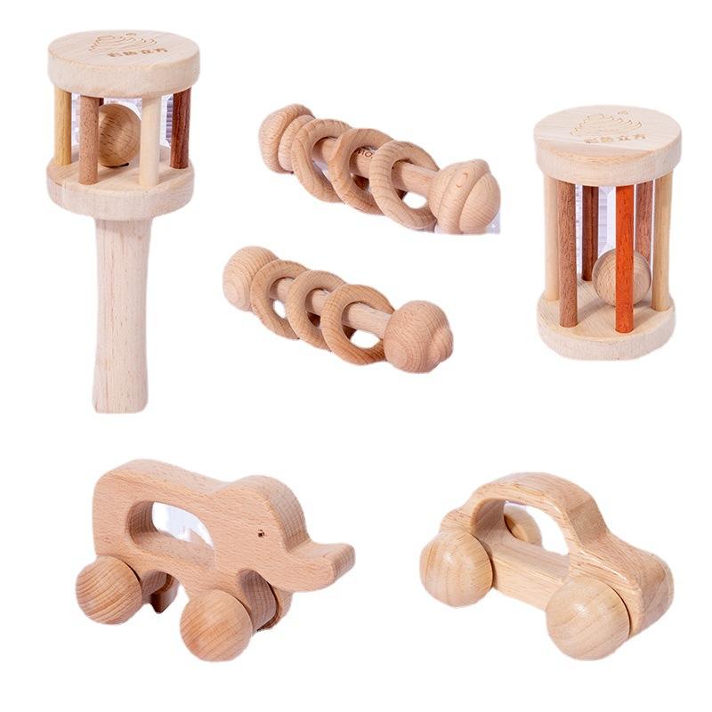 Unisex Montessori DIY Wooden Hand Bell Set Solid Wood Teaching Aids for 2-4  Years Baby Rattle Kids' Grip Learning Toy
