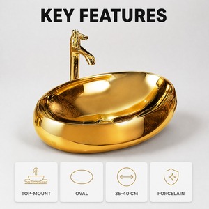Hot Selling <strong>Gold</strong> Color Oval Modern Porcelain Hotel Washroom Countertop Top Mount Special <strong>Crystal</strong> Plated Art Basin Lavabo Drainer - Product Image 4