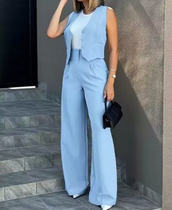 Nuevo Conjunto de Dos Piezas para Mujer, Chaleco Corto a la Moda con Cuello en V y Pantalones Anchos de Cintura Alta con Bolsillos, Estilo Casual de Verano - Product Image 5