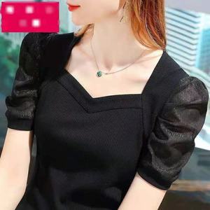 Women's Ice Silk Puff Sleeve <b>Top</b> Solid Color Short Sleeve Blouse Everyday Wear Blue - Product Image 2