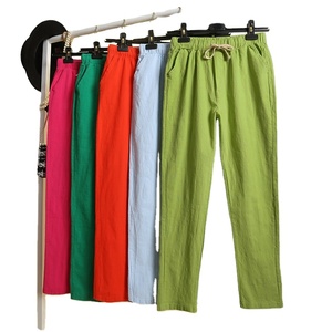2023 primavera estate pantaloni Harem verdi pantaloni Harem in vita elastici solidi pantaloni morbidi da donna di alta qualità pantaloni da donna in <span class=keywords><strong>lino</strong></span> di cotone - Product Image 1