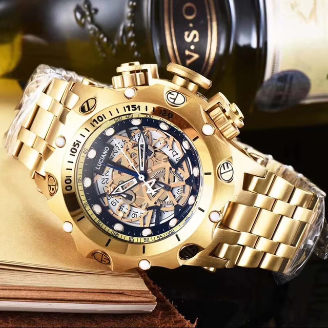 Wholesale Luxury Fashion Gold Hollow Multi-Functional Waterproof Date Large Dial Sapphire Crystal Pointer for Men's Quartz Watch