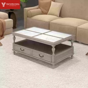 Table basse de style américain de luxe, table basse en bois massif avec tiroirs en ardoise blanche, table d'angle de rangement pour le salon - Product Image 3