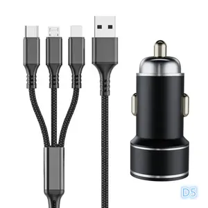 Hotriple D6 Cheap Price Dual USB 3.4A Metal Car Charger Set 2 USB Port Fast Charging Car Charger For Phone With 3in1 Cable