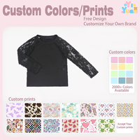 T-shirt élégant noir à empiècements pour filles, avec dentelle florale rose, manches raglan longues, col rond, haut décontracté et mignon, service personnalisé disponible
