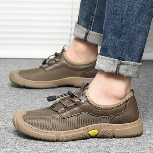 Hollowed-out Breathable Mesh <b>Sneakers</b> Men Khaki Black Slip-on Leisure Comfortable Non-slip <b>Leather</b> Shoes - Product Image 3