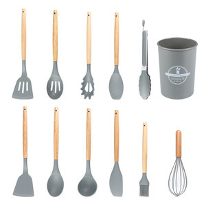 Ensemble d'ustensiles <span class=keywords><strong>de</strong></span> <span class=keywords><strong>cuisine</strong></span> <span class=keywords><strong>en</strong></span> <span class=keywords><strong>silicone</strong></span> sans BPA, non toxique, cuillère, spatule, tourne-broche, pinces, 12 pièces, manche <span class=keywords><strong>en</strong></span> bois - Product Image 2