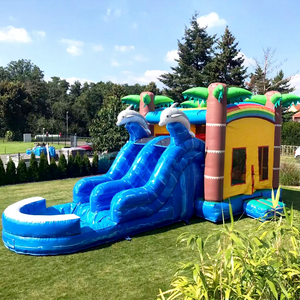 Castillo inflable doble para niños, con tobogán, para uso en interiores o exteriores, se puede usar en seco o con agua, con diseño de delfín. - Product Image 1