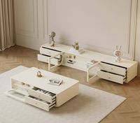 Ensemble table basse et meuble TV en bois massif de style crème, avec dalles de porcelaine, de style vintage français, avec rangement pour petites maisons, Chine