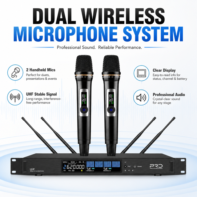 TK2000S-2 Dual Channel Wireless Handheld Microphone System, UHF True Diversity Wireless Handheld Mic for Stage Performance Show