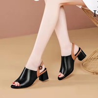 Sandales à talons carrés bas en cuir PU pour femmes, à bride cheville et bout ouvert, confortables pour le bureau, les mariages et les soirées