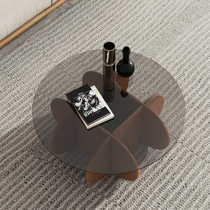 Tavolino da Caffè Rotondo in <span class=keywords><strong>Vetro</strong></span> di Alta Qualità con Struttura in Legno per Soggiorno - Product Image 6