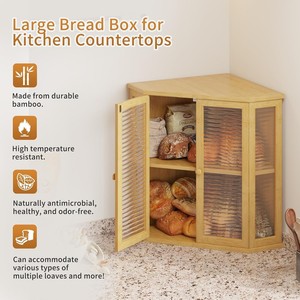 Caja de pan de bambú de doble capa, almacenamiento de esquina de madera para encimera de cocina con puerta abatible, diseño de color sólido - Product Image 5