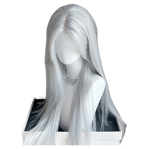 Perruque longue et droite en <span class=keywords><strong>cheveux</strong></span> brésiliens Remy, <span class=keywords><strong>avec</strong></span> dentelle frontale, couleur Argent Scintillant, à raie centrale, pour un look éclatant et séduisant - Product Image 5