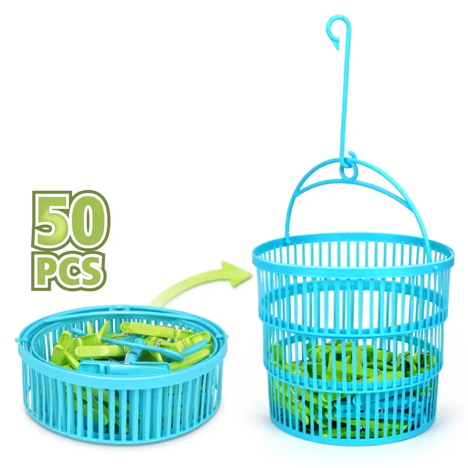 Iron Metal Hanging Peg Basket with 24 Windproof Strength Clips Single-Tier Plastic Storage for Clothes and Bags Outdoor Use