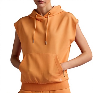 <b>Women's</b> <b>Orange</b> Sleeveless <b>Hoodie</b> Solid Pullover Sweatshirt with Kangaroo Pocket Drawstring Summer Casual Top - Product Image 1