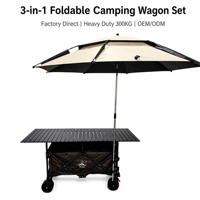 Grand chariot de vente pliable en métal avec roues tout-terrain pour camping et vente de rue, ensemble trois pièces grand format ; plateau réglable en hauteur