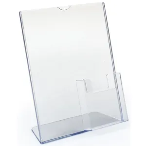 L Shape Clear Acrylic Sign Holder with Brochure Pocket Slanted 11 x 8.5 Sign Holder with Pocket Lucite Angled Sign Holder Frame