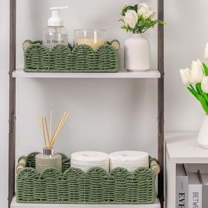 <span class=keywords><strong>Panier</strong></span> de rangement en papier toilette vert à bord festonné pour étagère de toilette avec manche en bois - Product Image 2