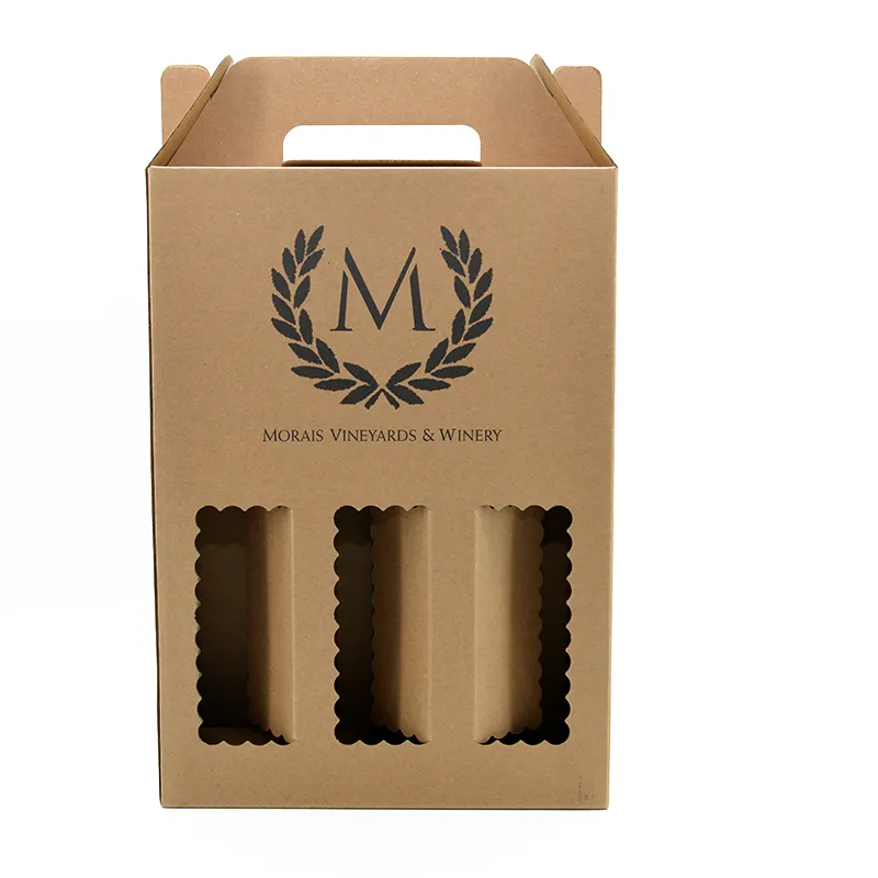 Emballage en papier de transporteur de marque en carton ondulé personnalisé Paquet de 3/6 bouteille de jus de vin boîte à poignée de pignon