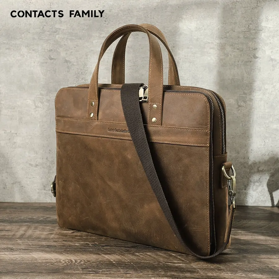 14 inch Retro Crazy Horse Leather briefcase Double Zip Laptop Computer Sleeve Bag Slim Laptop Leather Briefcase for men