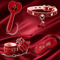 Kit BDSM Thème Cerise Rouge Doux Jouets SM pour Adultes Bouchons buccaux Menottes de cou pour chatouiller Bandes pour les yeux en Cuir PU Jouets Sexuels Couples Femme Homme