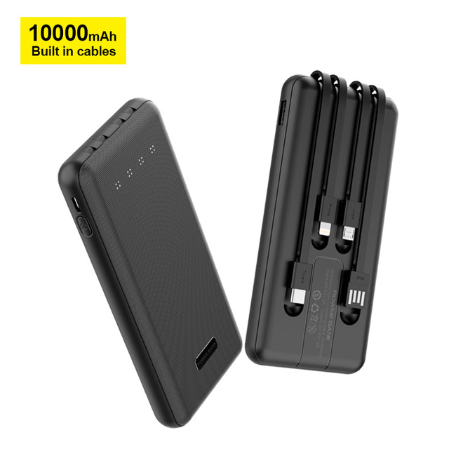 10000mAh Li-Polymer Battery 2-in-1 Power Bank Built-in Cable (Type-C/Micro USB/iPhone) Ultra Slim Design LED Display 10W Quick