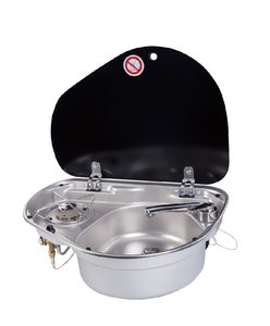 Estufa de Gas L.P.G. para Autocaravanas, de Acero Inoxidable, con un Solo Quemador, Fregadero y Tapa de Vidrio Templado - Product Image 1