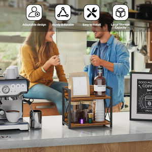 Estante <span class=keywords><strong>de</strong></span> cocina clásico <span class=keywords><strong>de</strong></span> <span class=keywords><strong>madera</strong></span> marrón <span class=keywords><strong>de</strong></span> doble nivel, resistente, multifuncional, organizador <span class=keywords><strong>de</strong></span> encimera para café, estantes verticales fáciles <span class=keywords><strong>de</strong></span> usar - Product Image 4