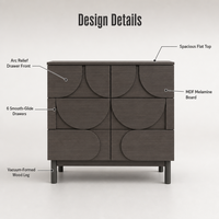 Commode moderne à 6 tiroirs avec panneau en MDF mélaminé à motif festonné, armoire de rangement pour chambre à coucher avec pieds en bois