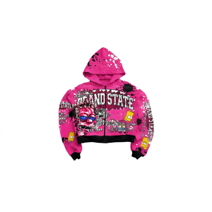 <b>Pink</b> Oversized Zip-Up <b>Hoodie</b> With Cartoon Print Streetwear Style Unisex Crop Fit Knitted Fabric - Product Image 1